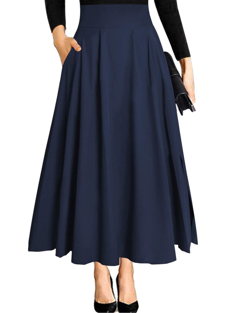 RANPHEE Navy Blue Skirt Women Faldas de Mujer Ladies High Waisted Ankle Length Maxi Aline Long Skirts with Pockets L - Image 1